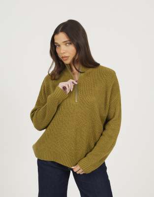 Brave Soul Half zip funnel neck fisherman knit jumper in olive-Green
