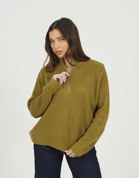 Brave Soul Half zip funnel neck fisherman knit jumper in olive - view 1
