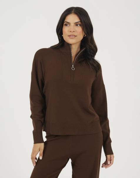 Brave Soul Half zip funnel neck knitted jumper in chocolate - view 1