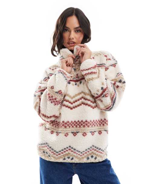 Brave Soul half zip printed sherpa fleece sweatshirt in cream - view 1