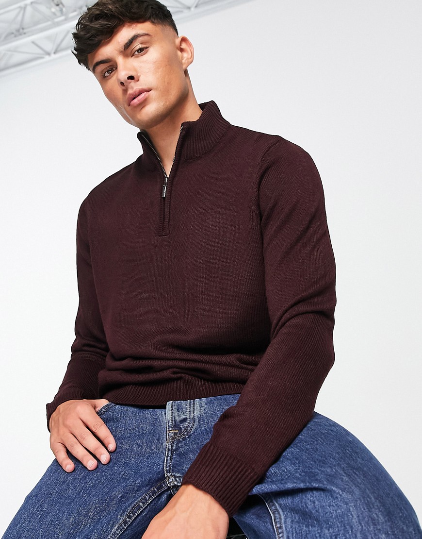 Brave Soul half zip sweater in ox blood-Red