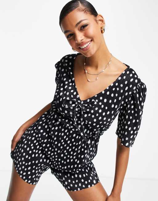 Brave Soul Hallie plisse playsuit with keyhole in monochrome