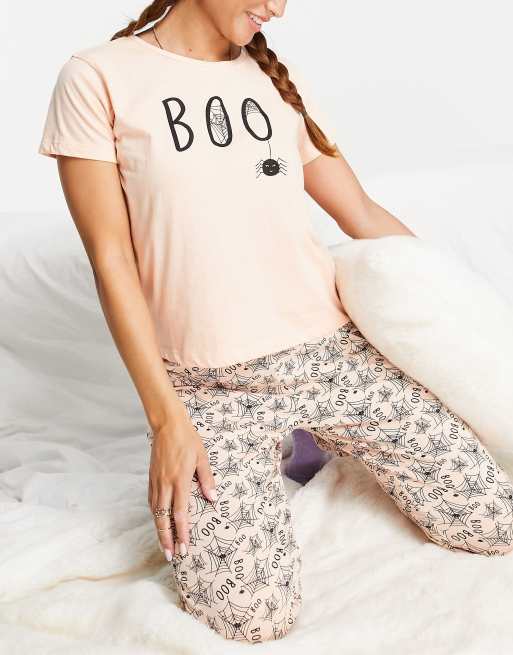 Brave Soul halloween boo spider pyjamas in peach and black