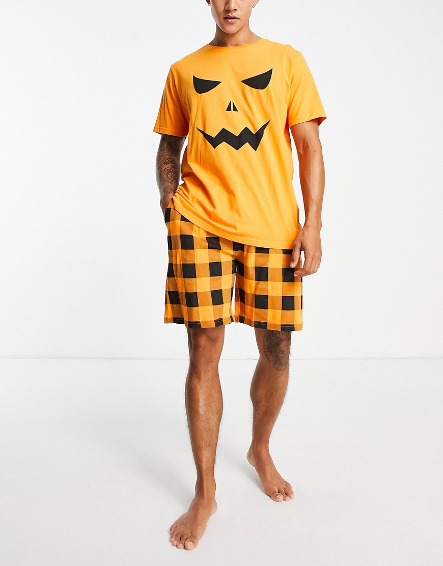 Brave Soul Halloween Pumpkin Short Pajama Set In Orange And Black