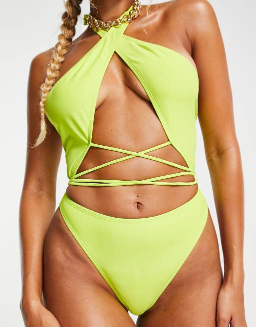 Unique Rib High Cut Sleeveless Halter Thong Bodysuit - Neon green – Trendy  & Unique