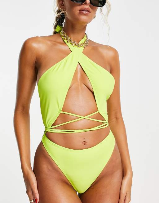 Brave Soul halter cut out wrap swimsuit in neon lime green ASOS