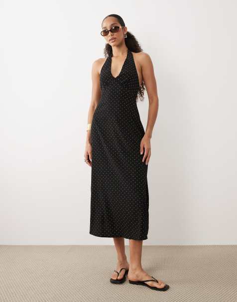 Brave Soul halterneck midi dress in black and white micro polka dot print - view 1