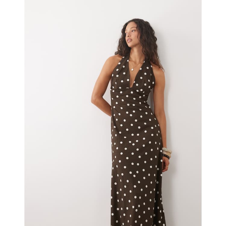 brown and white polka dot dress plus size Second Glance Olga Criss-Cross Back Midi Dress Polka Dot Brown