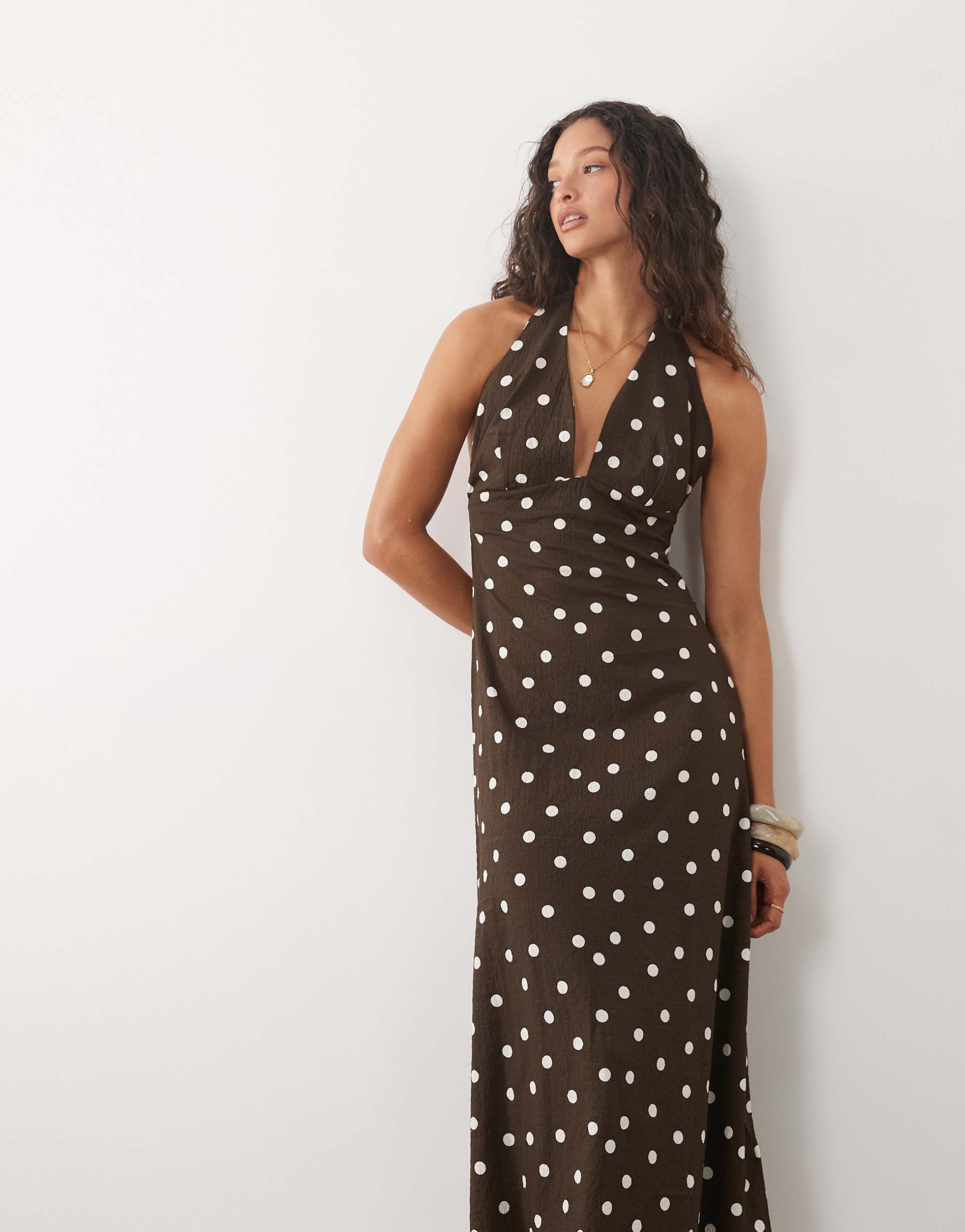 brave soul halterneck midi dress in large scale brown and white polka dot print