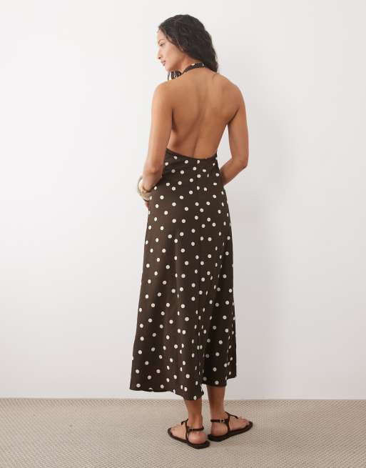 brown and white midi dress Brown Gingham Lace Trim Aida Midi Dress