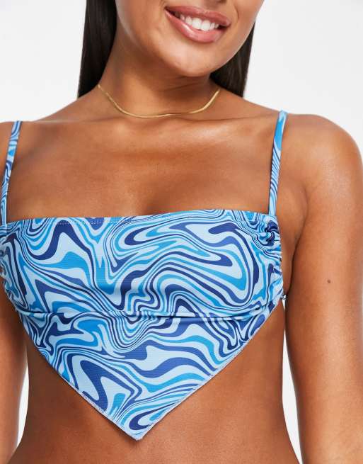 Brave Soul hanky hem bikini top in blue swirl print, 3 of 4