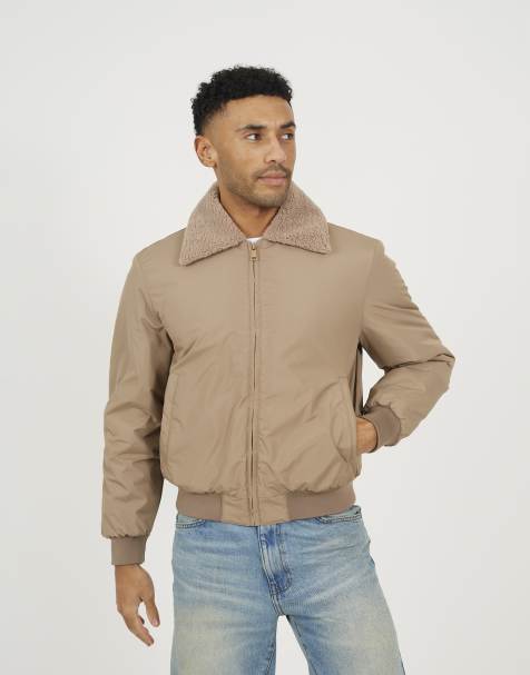 Brave Soul Harrington jacket with borg collar in stone - view 1