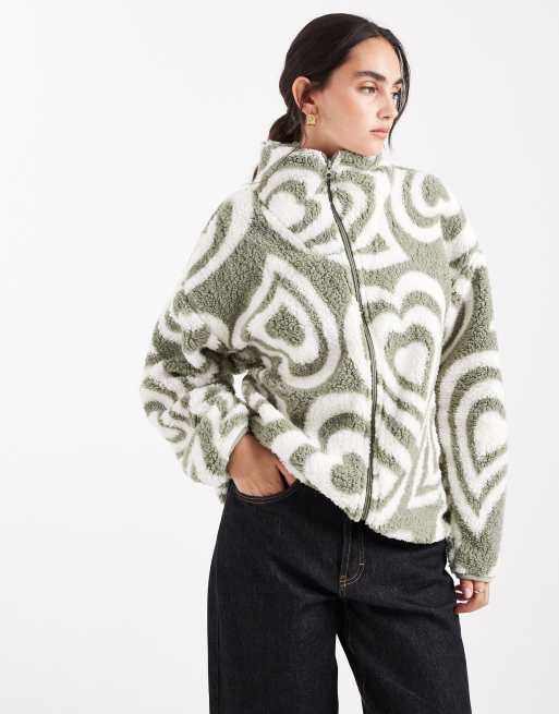 Brave Soul heart print fleece in sage and cream