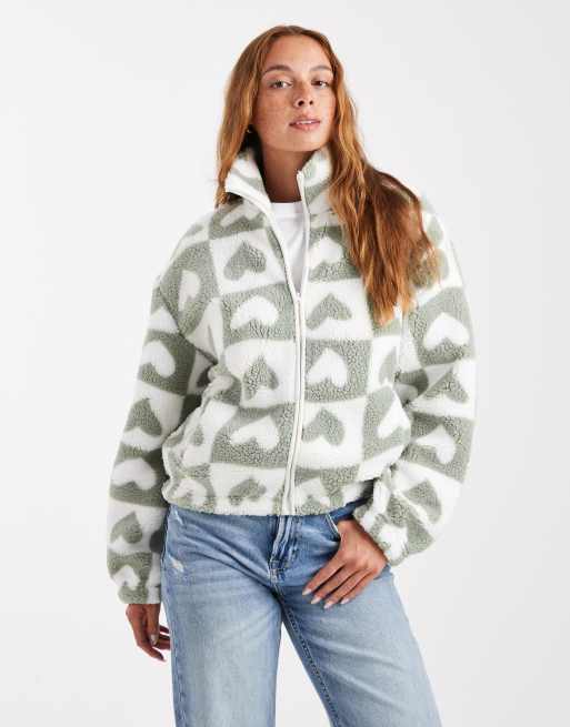 Brave Soul heart print full zip sherpa fleece in green and cream
