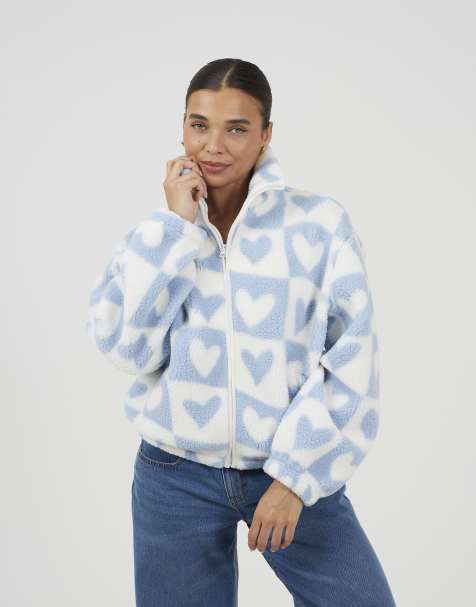 Brave Soul Heart print zip through sherpa fleece in blue - view 1