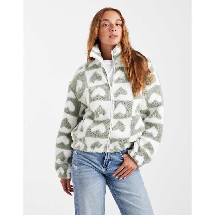 Brave Soul heart print zip through sherpa fleece in sage green | ASOS
