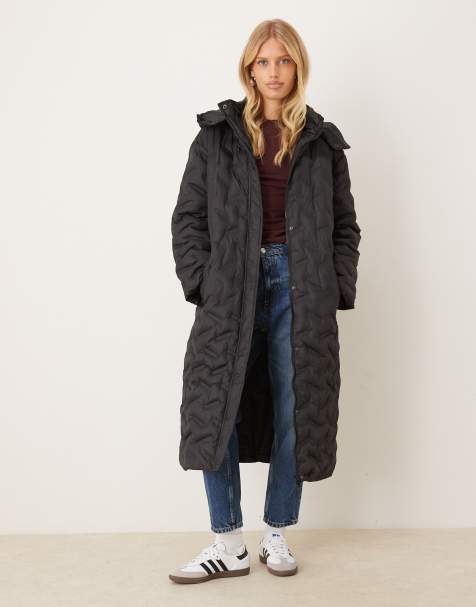 Brave Soul Heat seal quilted longline padded jacket in black