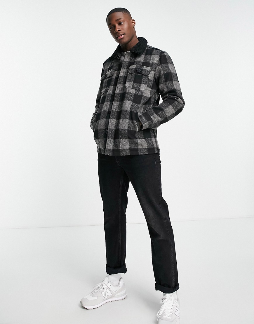 Brave Soul heavy check jacket with sherpa collar in black & gray