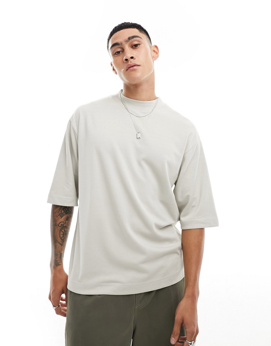 Brave Soul heavyweight high neck super oversized t-shirt in light grey