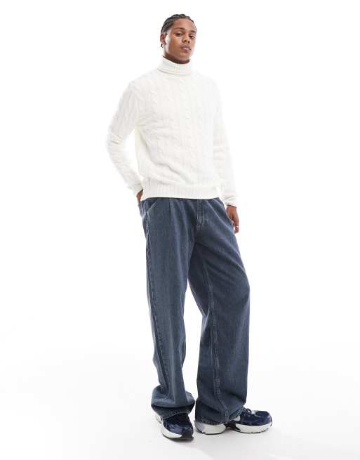 Brave Soul heavyweight relaxed fit cable roll neck jumper in white, 3 of 4