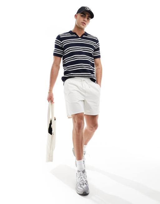 Brave Soul heavyweight textured knit trophy neck polo in navy stripe, 2 of 4
