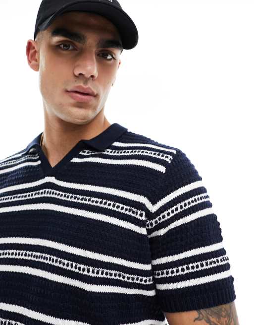Brave Soul heavyweight textured knit trophy neck polo in navy stripe, 3 of 4