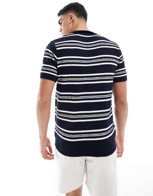 Brave Soul heavyweight textured knit trophy neck polo in navy stripe, 4 of 4