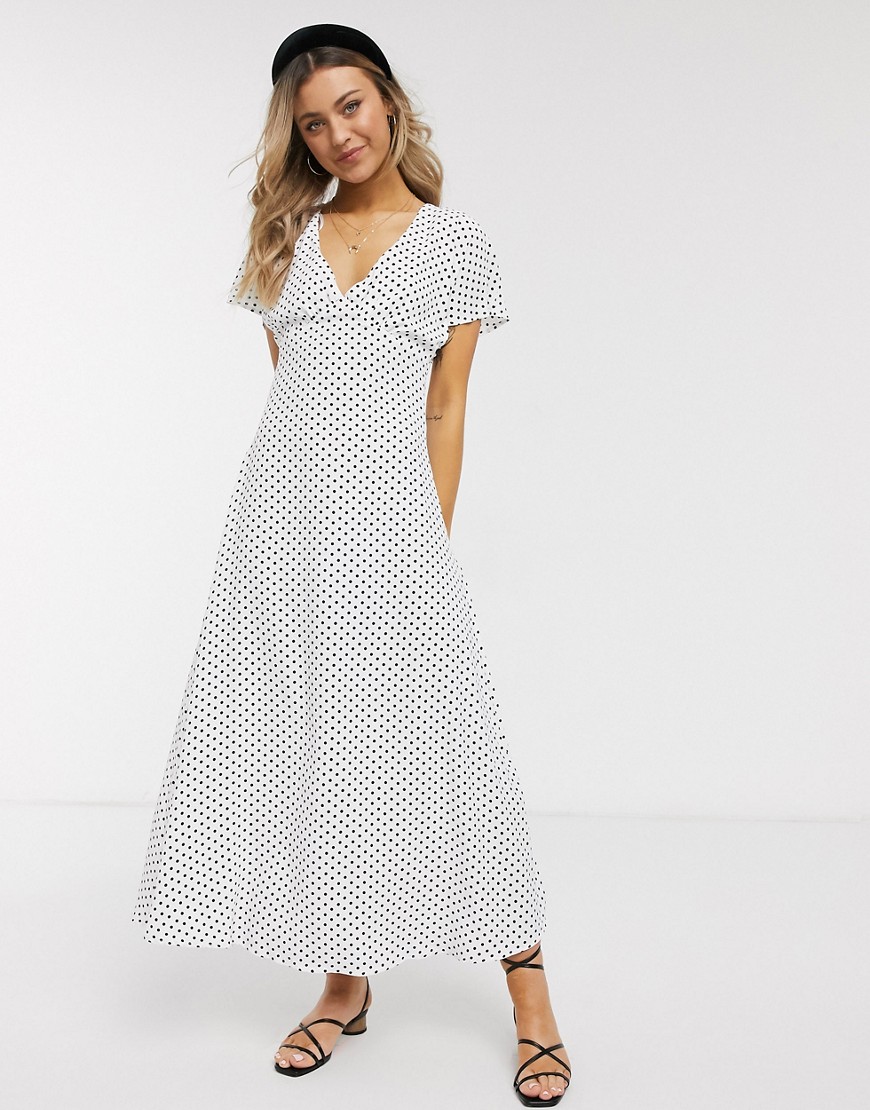 Brave Soul helen maxi dress in spot with fluted sleeves-White