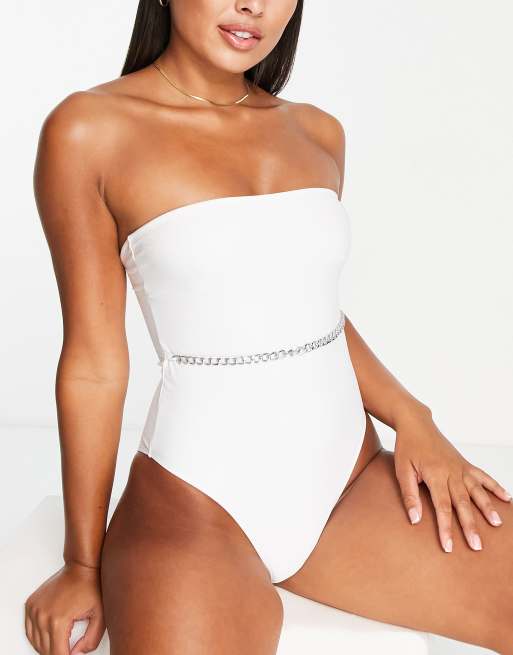 Brave Soul high leg bandeau swimsuit with front chain detail in white