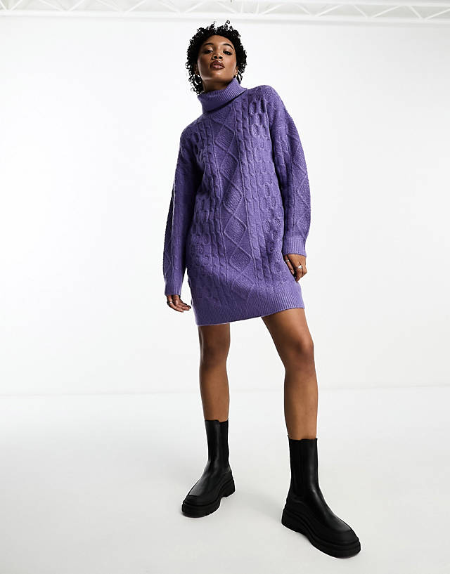 Brave Soul - high neck cable knit dress mini dress in purple
