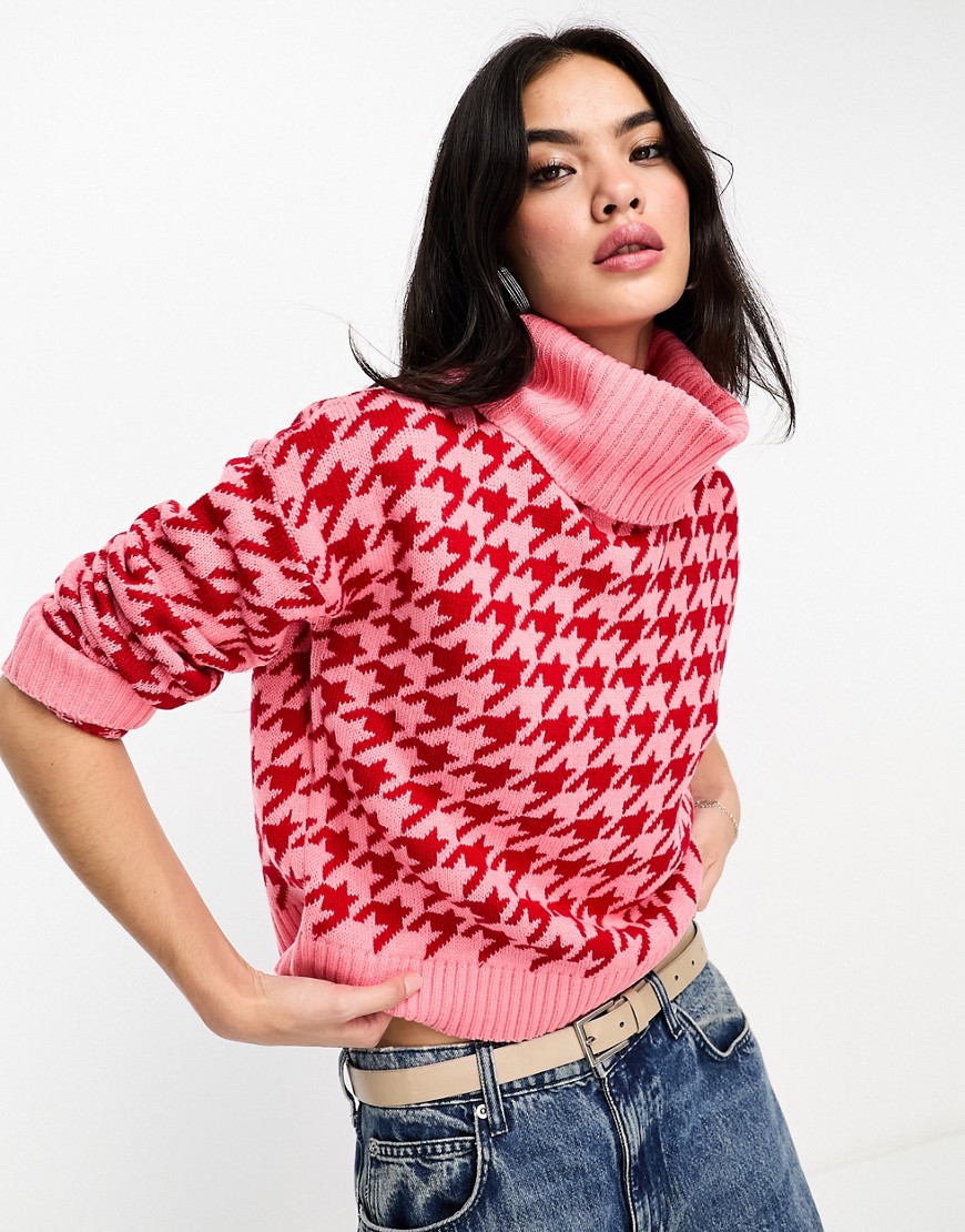 Brave Soul high neck checked jumper in pink