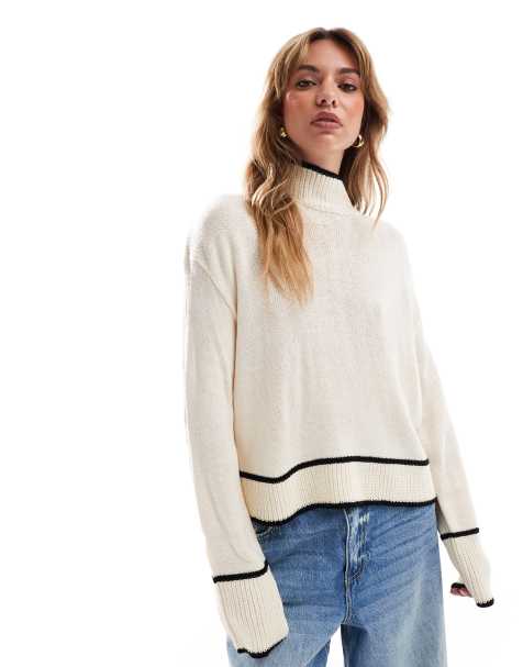 Brave Soul high neck cropped sweater with piping hem detail in cream - view 1