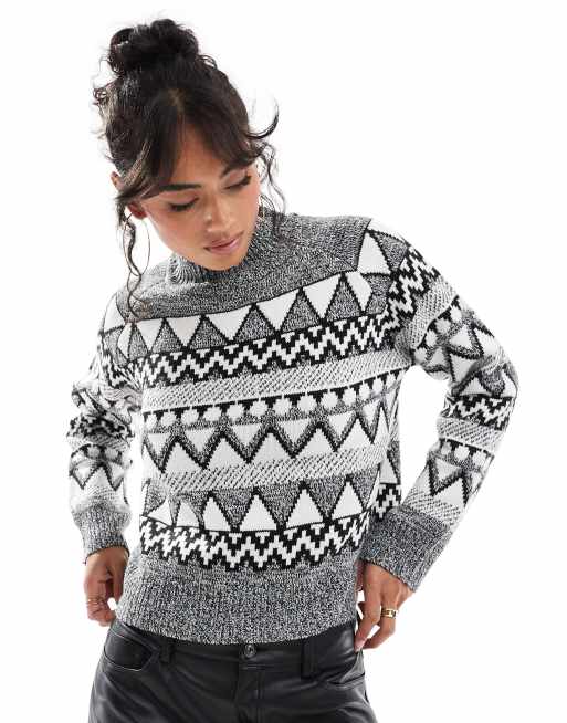 Brave Soul high neck fairisle sweater in black, gray and white 