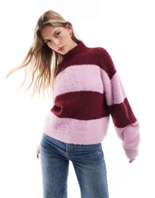 Brave Soul Brave Soul high neck jumper in burgundy and lilac stripe-Red