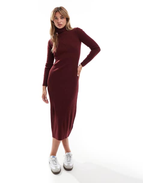 Brave Soul high neck knit midi dress in burgundy - view 1