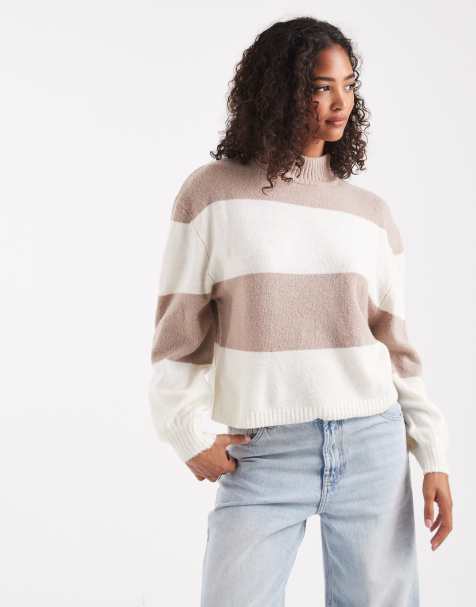 Brave Soul high neck knit sweater in chunky ivory and mink stripes - view 1