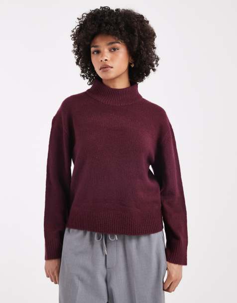 Brave Soul high neck knitted jumper in aubergine