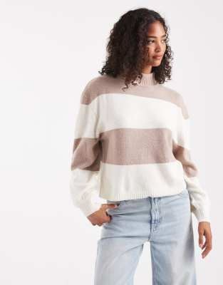 Brave Soul Brave Soul high neck knitted jumper in chunky ivory and mink stripe-White