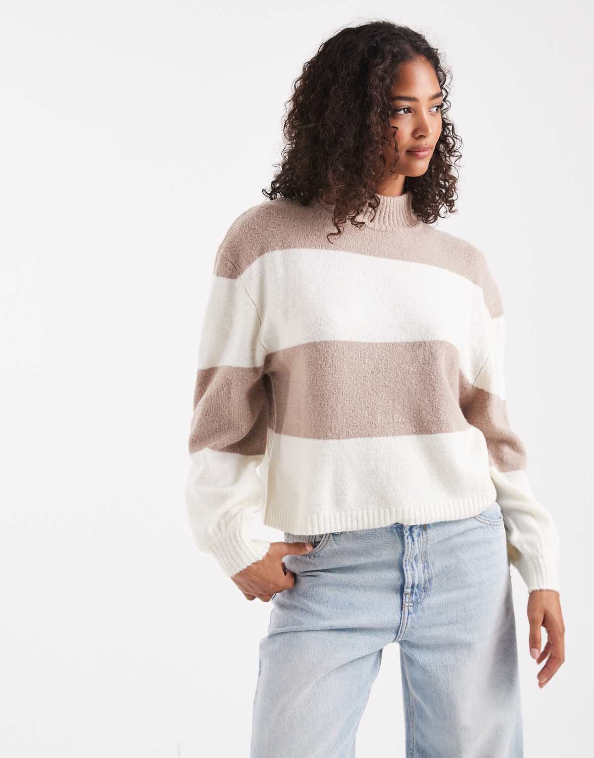 Brave Soul high neck knitted jumper in chunky ivory and mink stripe