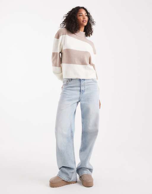 Brave Soul high neck knitted jumper in chunky ivory and mink stripe, 3 of 4