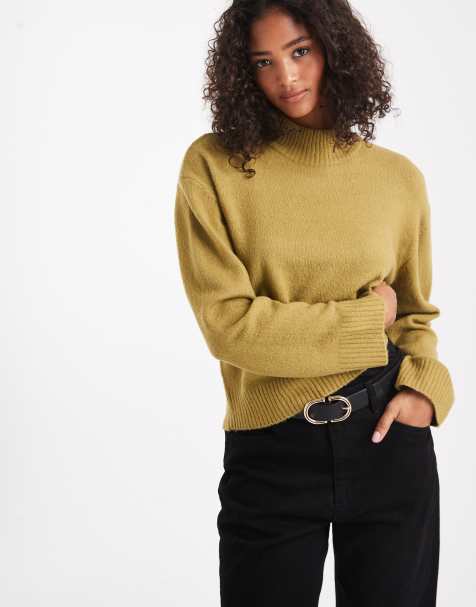 Brave Soul high neck knitted jumper in olive green