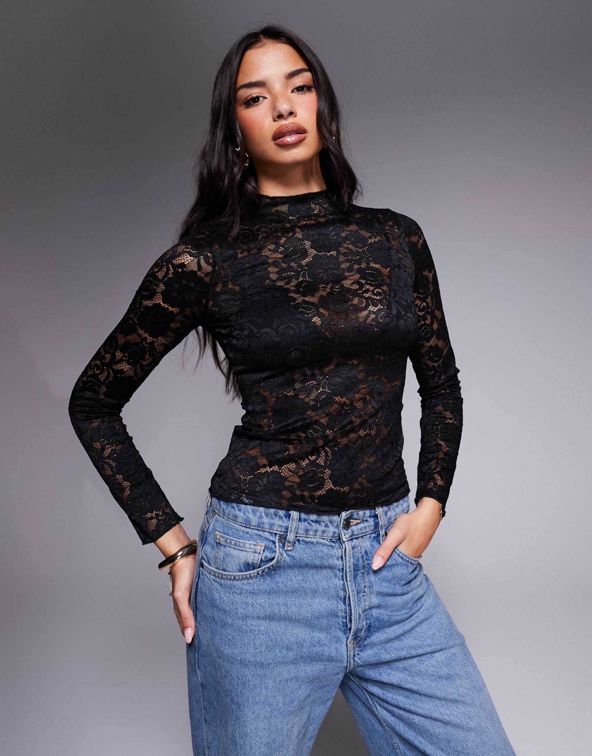 brave soul high neck long sleeve lace top in black
