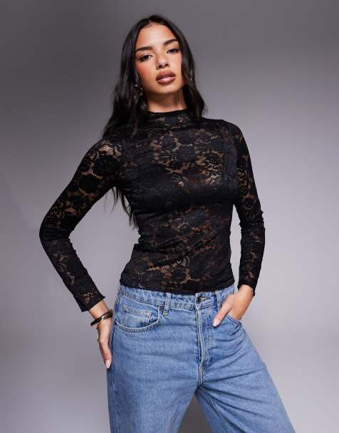 Brave Soul high neck long sleeve lace top in black