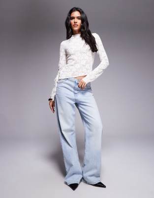 Brave Soul High Neck Long Sleeve Lace Top With Assymetric Hem In White