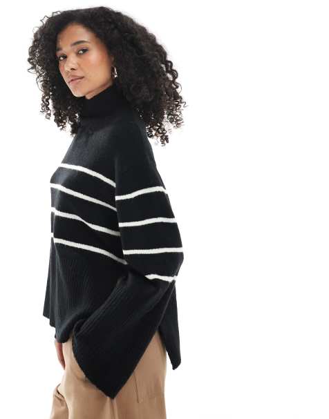Brave Soul high neck loose fit jumper in black and white stripe - view 1