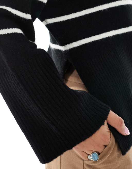 Brave Soul high neck loose fit jumper in black and white stripe, 4 of 4