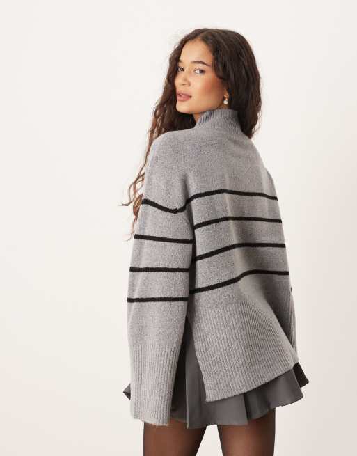 Brave Soul high neck loose fit jumper in grey and black stripe, 3 of 4