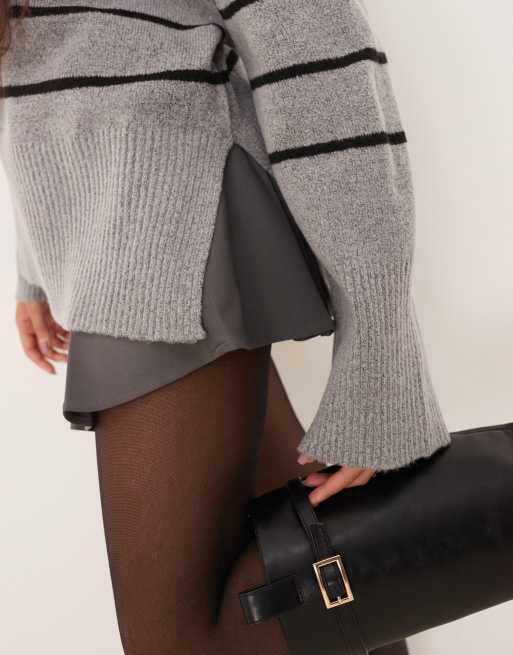 Brave Soul high neck loose fit jumper in grey and black stripe, 4 of 4