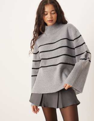 Brave Soul High Neck Loose Fit Sweater In Gray