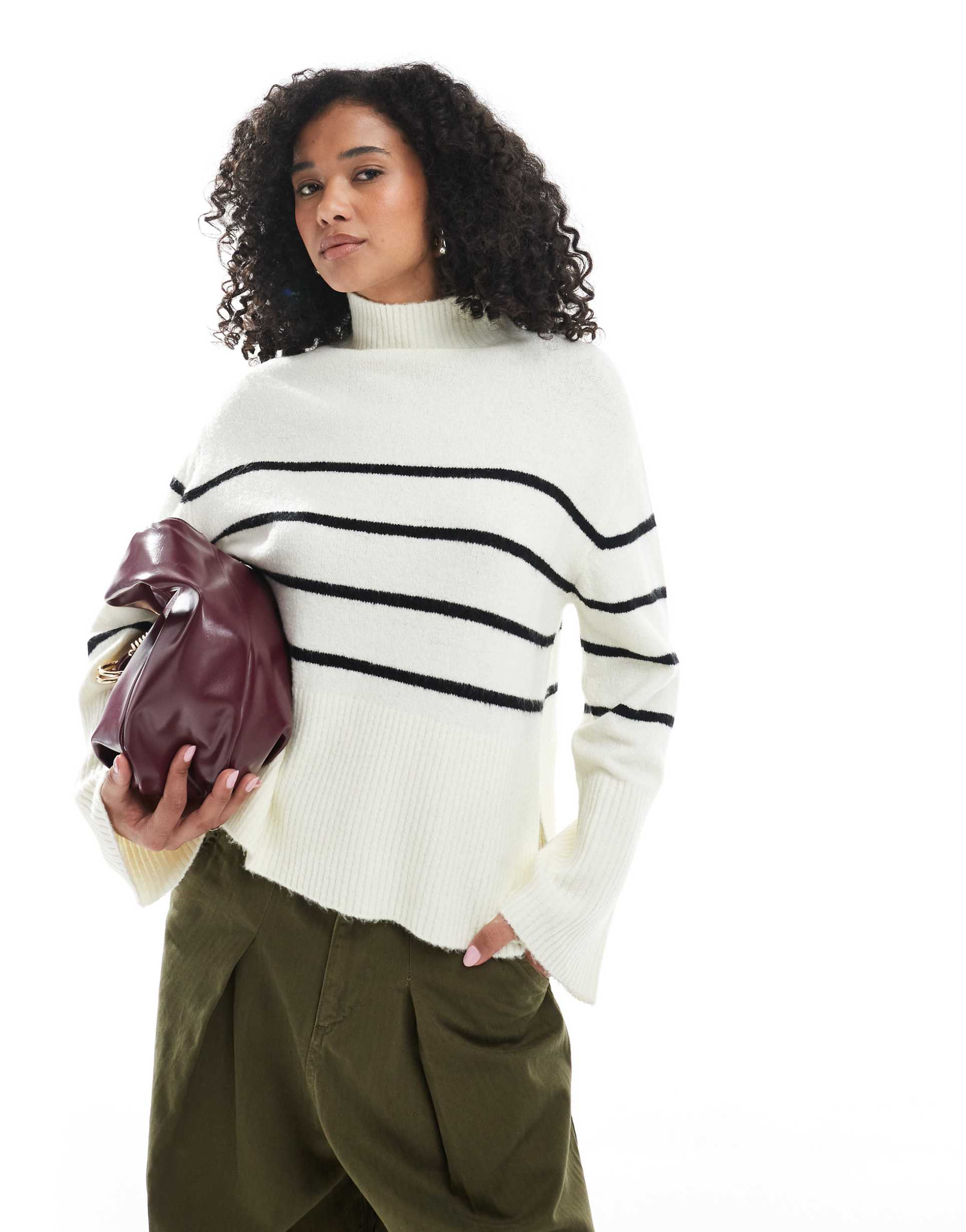 brave soul high neck loose fit sweater in white and black stripes